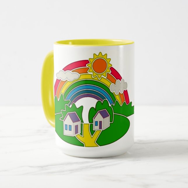 Cartoon rural scene with rainbow and country house mug (Front Left)