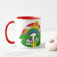Cartoon rural scene with rainbow and country house