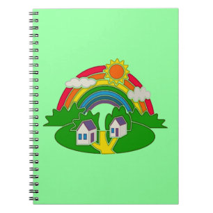 Cartoon rural scene with rainbow and country house notebook
