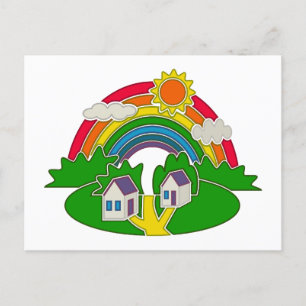 Cartoon rural scene with rainbow and country house postcard