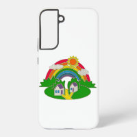 Cartoon rural scene with rainbow and country house