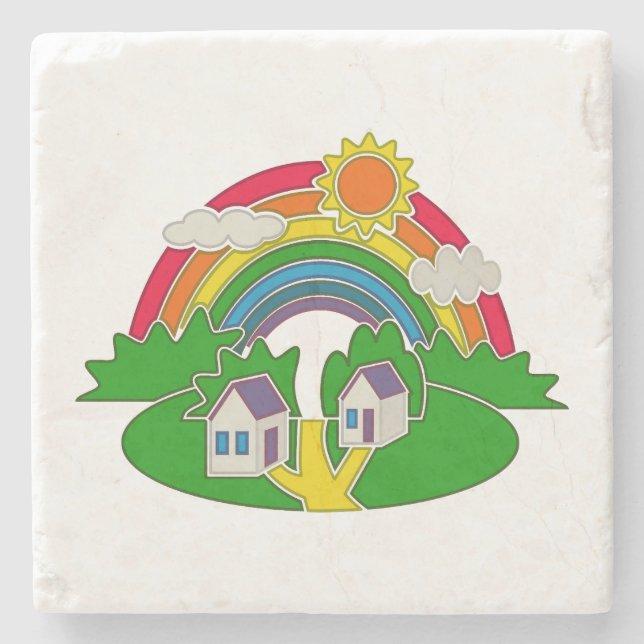 Cartoon rural scene with rainbow and country house stone coaster (Front)