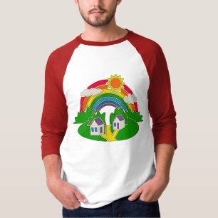 Cartoon rural scene with rainbow and country house T-Shirt