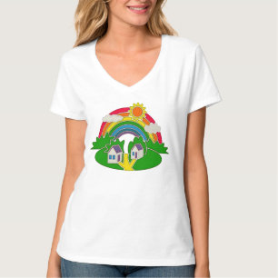 Cartoon rural scene with rainbow and country house T-Shirt