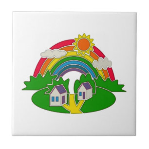Cartoon rural scene with rainbow and country house tile
