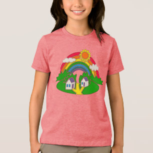 Cartoon rural scene with rainbow and country house Tri-Blend shirt