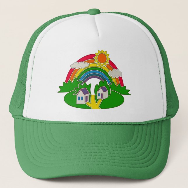 Cartoon rural scene with rainbow and country house trucker hat (Front)