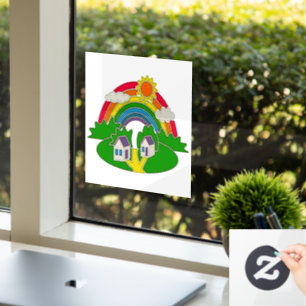 Cartoon rural scene with rainbow and country house window cling