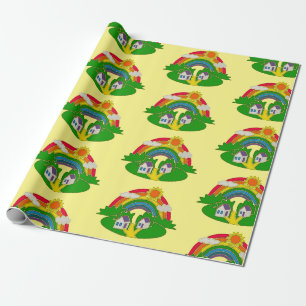 Cartoon rural scene with rainbow and country house wrapping paper