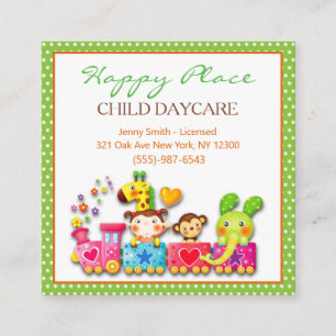 Cartoon Safari Animals on a Train Child Daycare Square Business Card