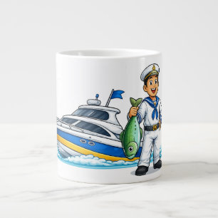 Cartoon Sailor with Yacht and Fish Nautical Art Large Coffee Mug