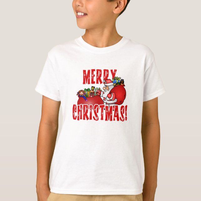 Cartoon Santa And Bags of Christmas Toys T-Shirt (Front)