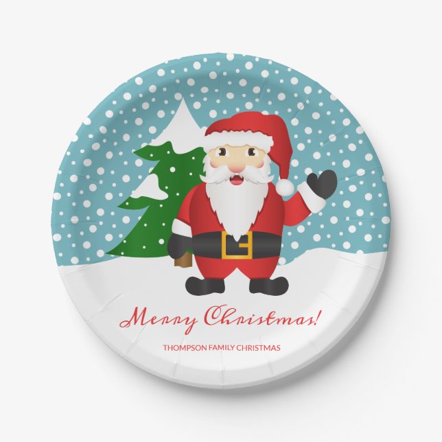 Cartoon Santa Claus Custom Event Name Christmas Paper Plate (Front)
