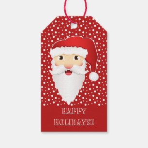 Cartoon Santa Claus Head & Happy Holidays Text Red Gift Tags