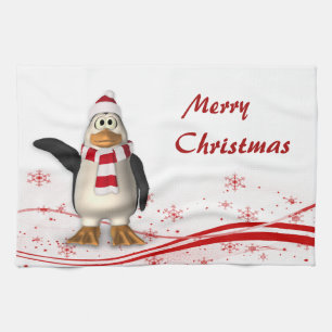 Cartoon Santa Claus Penguin Christmas Tea Towel