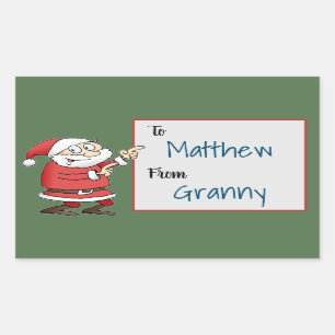 Cartoon Santa Claus Pointing On Recipent Name Rectangular Sticker