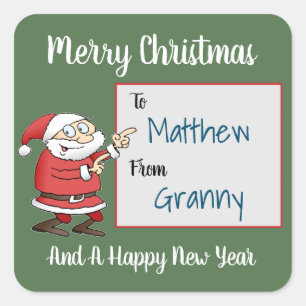 Cartoon Santa Claus Pointing On Recipent Name Square Sticker