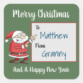 Cartoon Santa Claus Pointing On Recipent Name Square Sticker