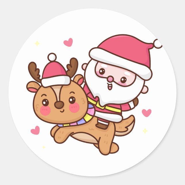 Cartoon Santa Claus riding reindeer Classic Round Sticker (Front)
