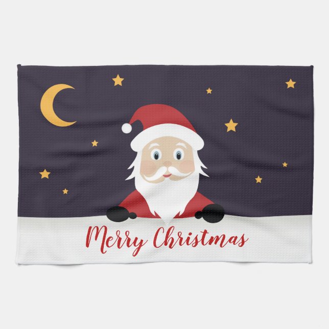 Cartoon Santa Claus wishing Merry Christmas Tea Towel (Horizontal)