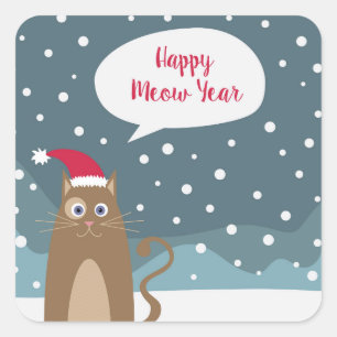 Cartoon santa hat happy kitten snowflake forest square sticker