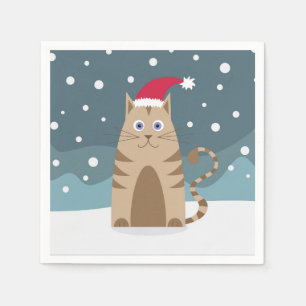 Cartoon santa kitten in snow forest  napkin