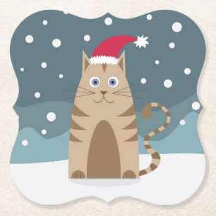 Cartoon santa kitten, xmas winter holidays pet paper coaster