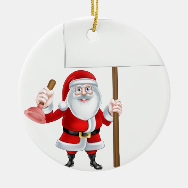 Cartoon Santa Plumber Sign Ceramic Tree Decoration (Front)