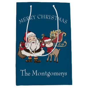 Cartoon Santa & Rudolph the Reindeer on Blue Medium Gift Bag