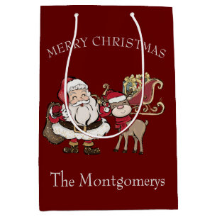 Cartoon Santa & Rudolph the Reindeer on Burgundy Medium Gift Bag