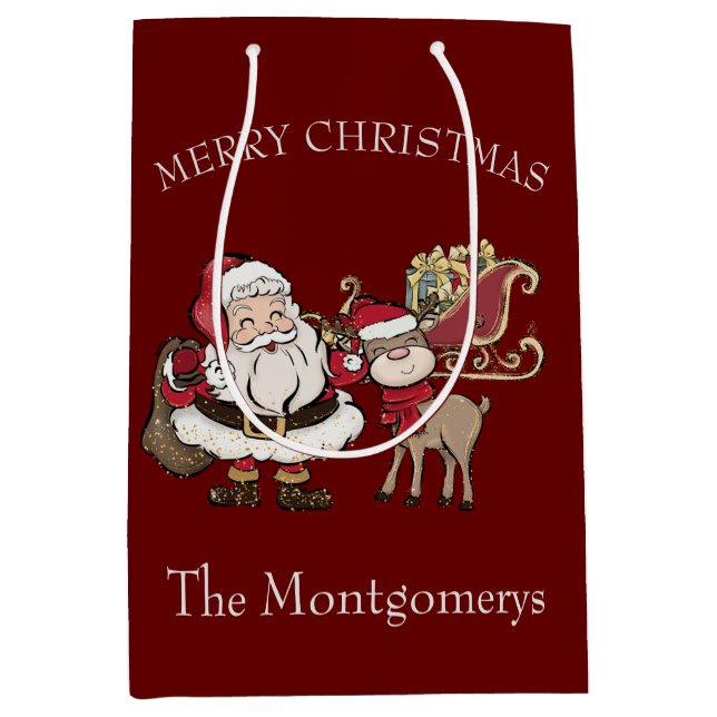 Cartoon Santa & Rudolph the Reindeer on Burgundy Medium Gift Bag (Front)