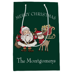 Cartoon Santa & Rudolph the Reindeer on Green Medium Gift Bag
