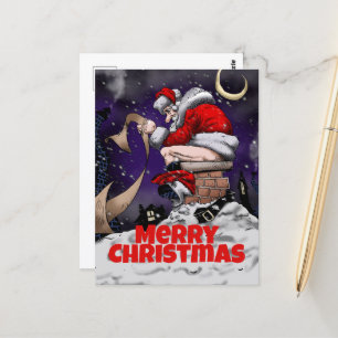 Cartoon Santa sitting on the chimney Postcard