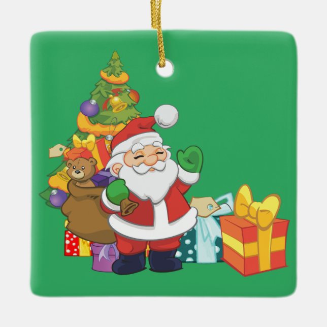 Cartoon Santa with Christmas Tree & Presents Ceramic Ornament (Front)