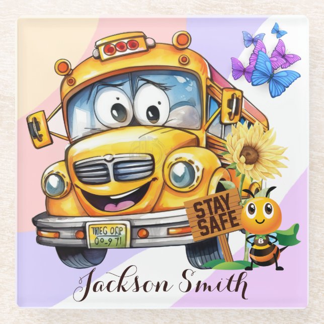 Cartoon School Bus Driver Stay Safe Personalised Glass Coaster (Front)