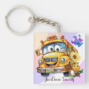 Cartoon School Bus Driver Stay Safe Personalised Key Ring