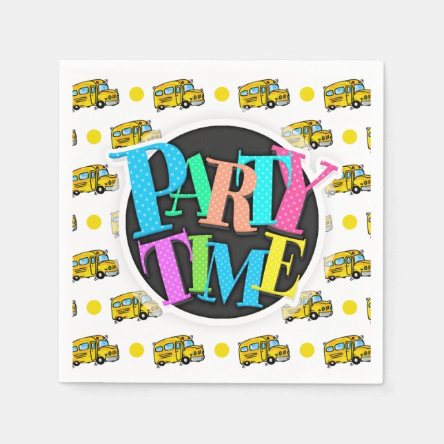 Cartoon School Bus, Yellow & White Polka Dots Napkin (Front)