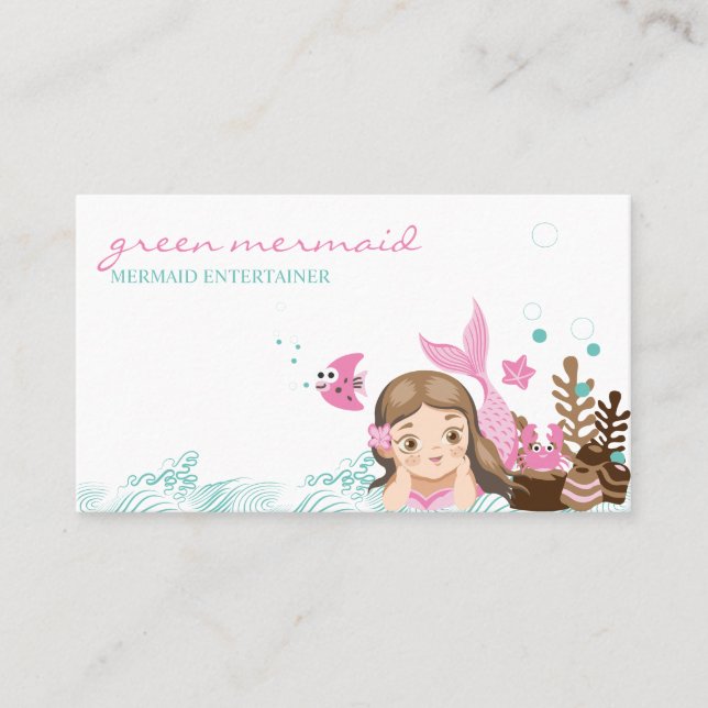 Cartoon Sea Pink Mermaid Business Card (Front)