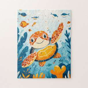 Cartoon Sea Turtle Swims in Kelp Forest Jigsaw Puzzle