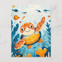 Cartoon Sea Turtle Swims in Kelp Forest