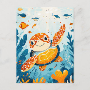 Cartoon Sea Turtle Swims in Kelp Forest Postcard