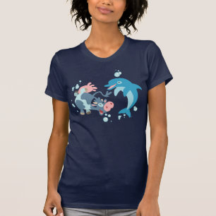 Cartoon Seacow and Dolphin women T-shirt