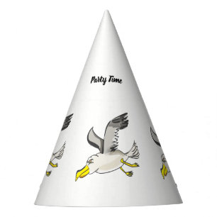 Cartoon seagull flying over head party hat