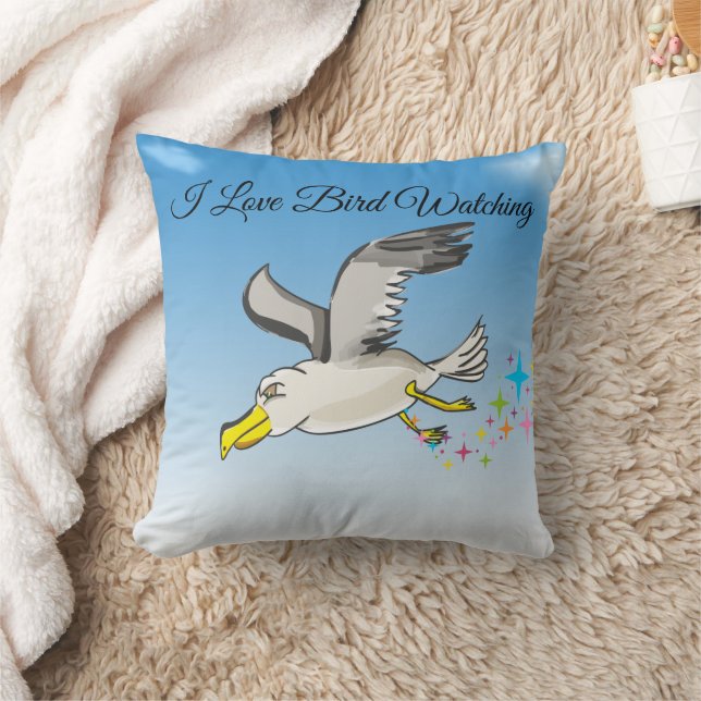 Cartoon seagull flying over head with a blue sky cushion (Blanket)