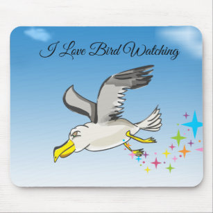 Cartoon seagull flying over head with a blue sky mouse mat