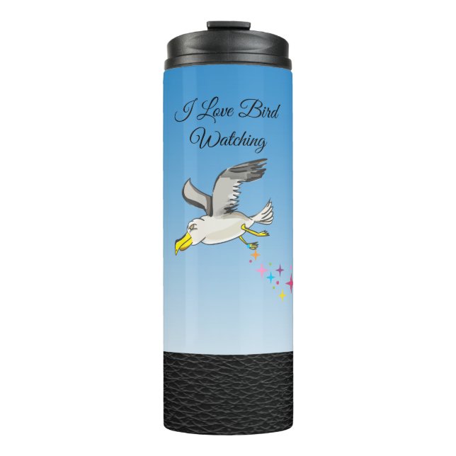 Cartoon seagull flying over head with a blue sky thermal tumbler (Front)