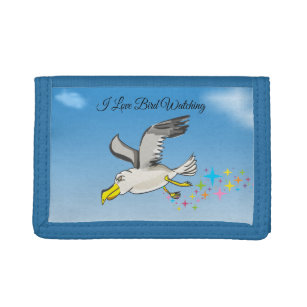 Cartoon seagull flying over head with a blue sky trifold wallet