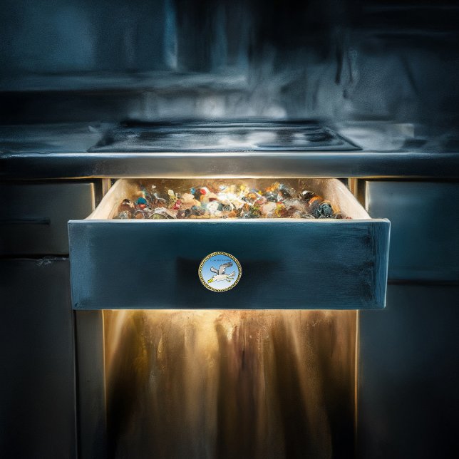 Cartoon seagull flying over head with a gold frame ceramic knob (Creator Uploaded)