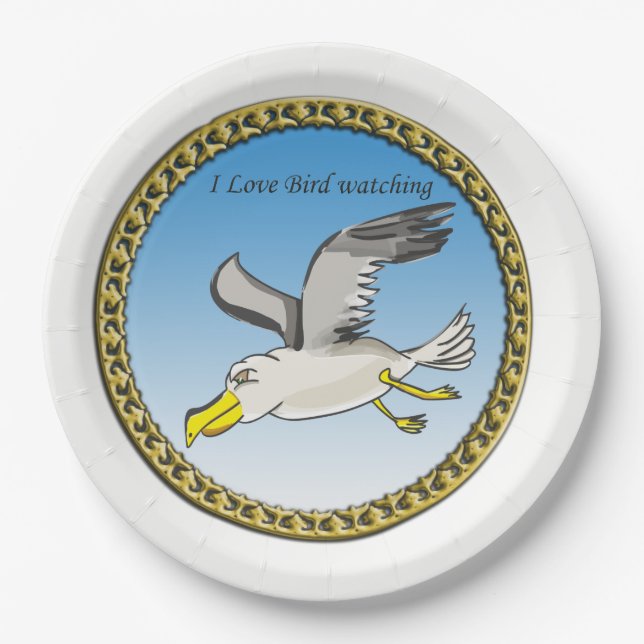 Cartoon seagull flying over head with a gold frame paper plate (Front)