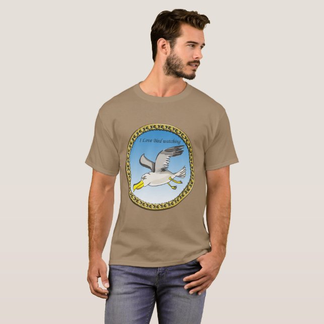 Cartoon seagull flying over head with a gold frame T-Shirt (Front Full)